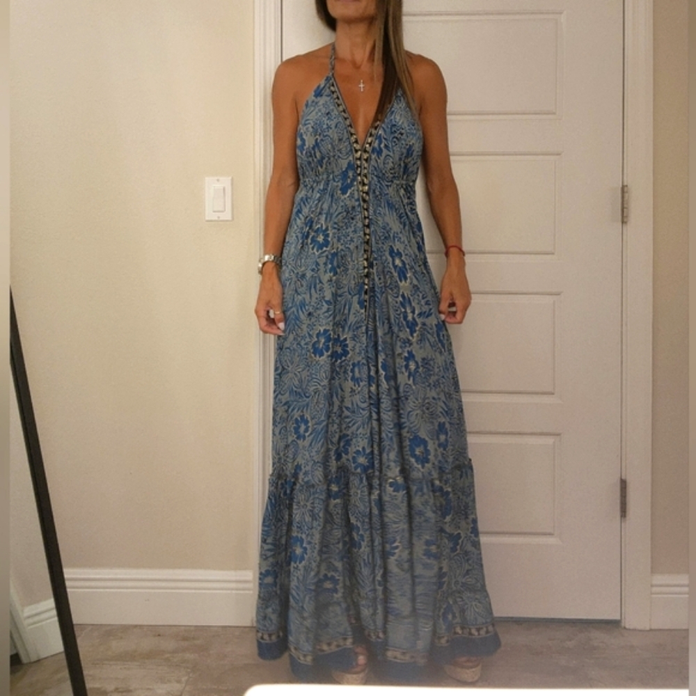 Silk Backless Maxi Halter Dress Boho Long Open Back Dress